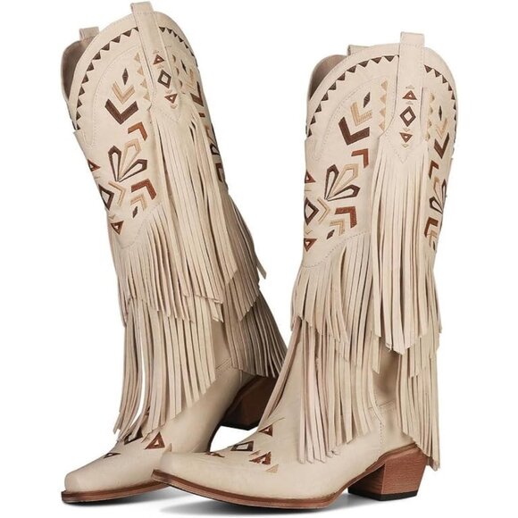 Women's Tan Cowgirl Boots Knee High Fringe Pull On Comfortable Chunky Heel - Picture 1 of 7